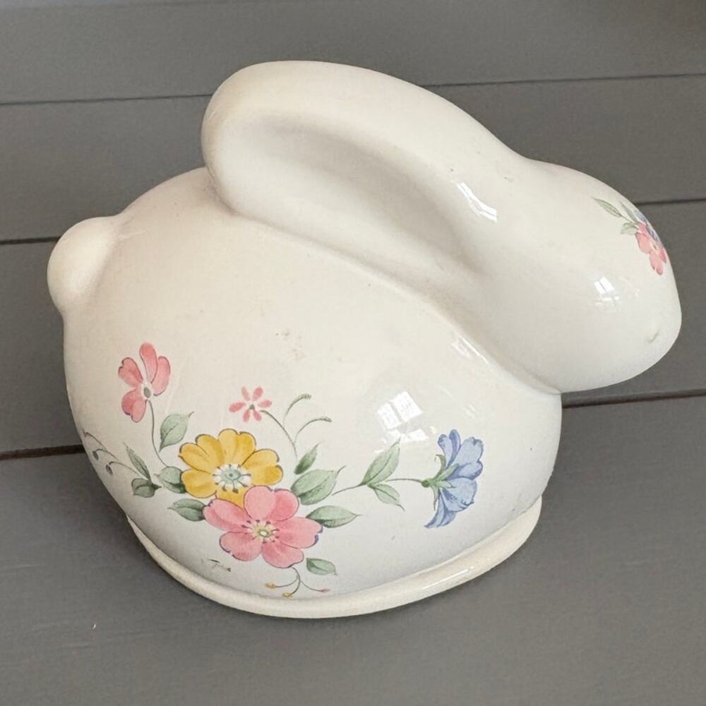 Vtg 1980s Porcelain Floral Rabbit Trinket  Box
